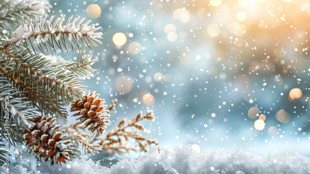 Christmas Background with Fir Tree Branch: A Christmas-themed background featuring fir tree branches and a winter landscape. Christmas Background with Fir Tree Branch: A Christmas-themed background featuring fir tree branches and a winter landscape.