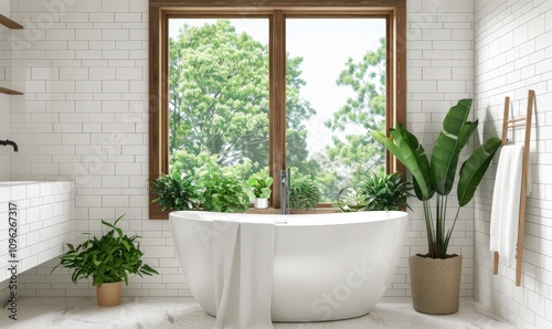 Modern bathroom interior with freestanding bathtub, large window, white tile walls, and potted plants