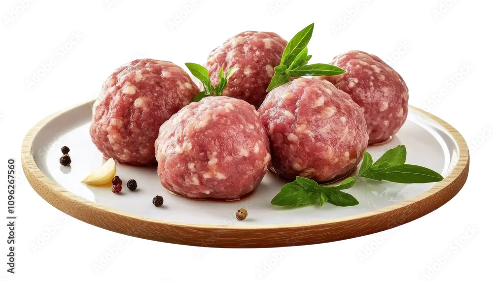 Raw meatballs on a white plate. Isolated on a transparent background. Raw meatballs on a white plate. Isolated on a transparent background.