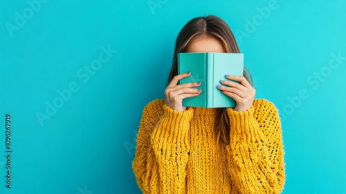 Photo portrait of pretty young girl read book cover hide face wear trendy colorful outfit isolated on blue color background, AI Generative