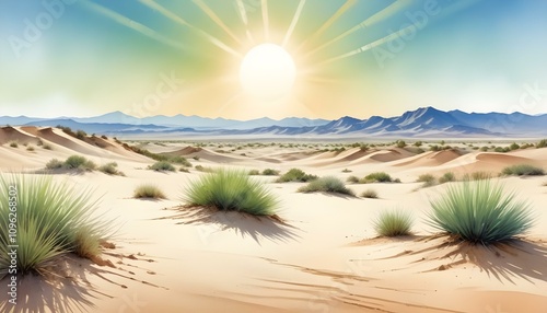 Watercolor of desert landscape with sandy dunes and bright sun under clear blue sky