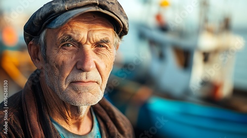 Elderly Fisherman at Sunset Harbor, Candid Portrait. AI Generated