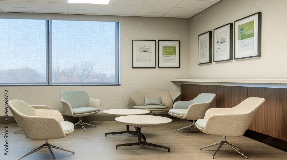 Modern office lounge with comfortable seating and artwork on the walls. Modern office lounge with comfortable seating and artwork on the walls.