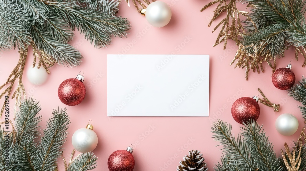 Festive party decorations arranged on a soft pink background, featuring ornaments, pine branches, and a blank white card for custom messages. Festive party decorations arranged on a soft pink background, featuring ornaments, pine branches, and a blank white card for custom messages.