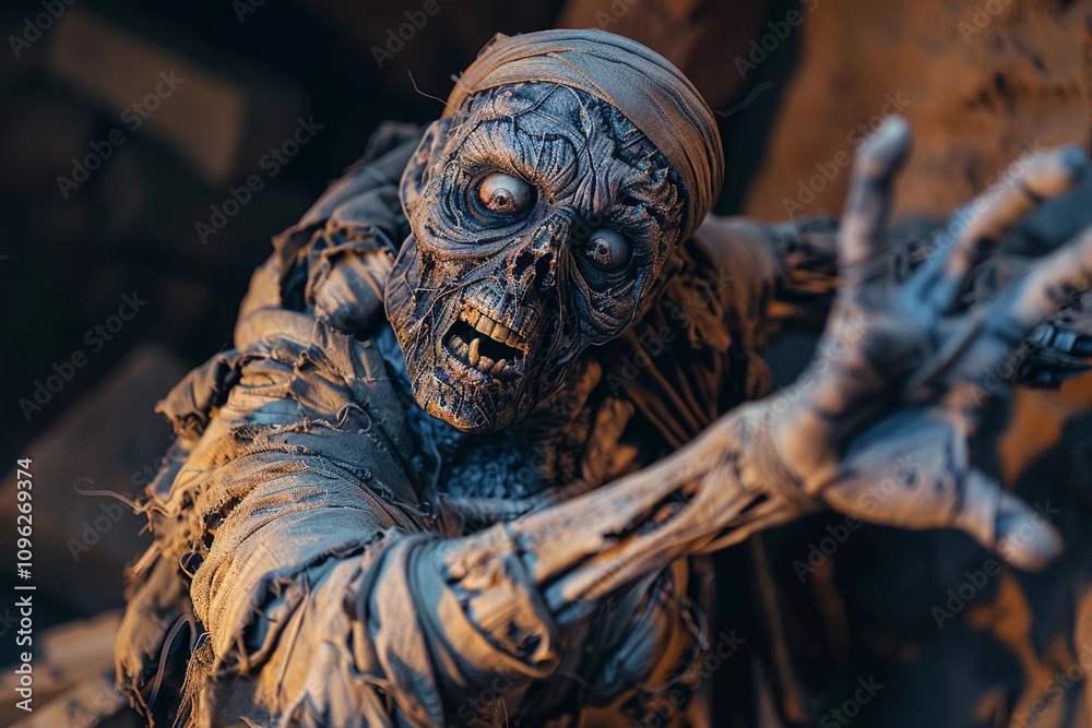Obraz premium Scary mummy wandering in street with dramatic lighting on Halloween