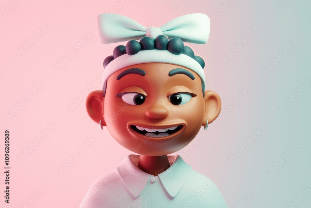 A 3D render of a smiling cartoon boy with a headband and bow A 3D render of a smiling cartoon boy with a headband and bow