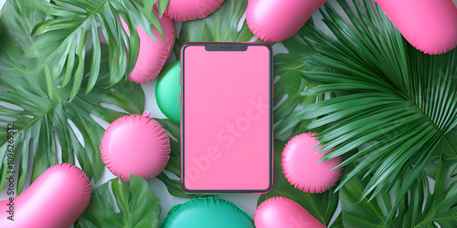  Smartphone Surrounded by Pink Floats and Green Tropical Leaves photo