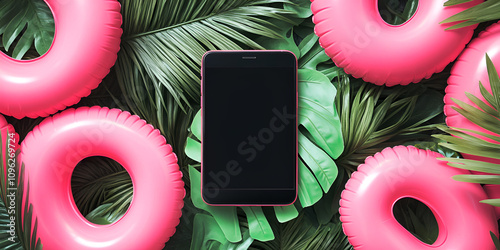  Smartphone Surrounded by Pink Floats and Green Tropical Leaves photo