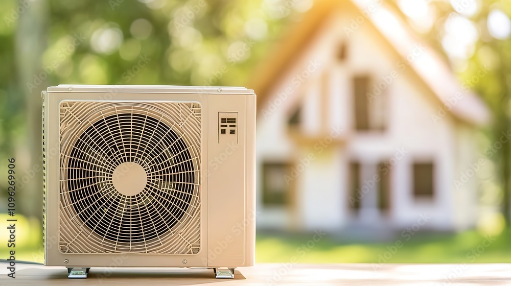 AC concept image with an air conditioning unit next to a house model to cool air at home on hot summer day. 8k Resolution AC concept image with an air conditioning unit next to a house model to cool air at home on hot summer day. 8k Resolution