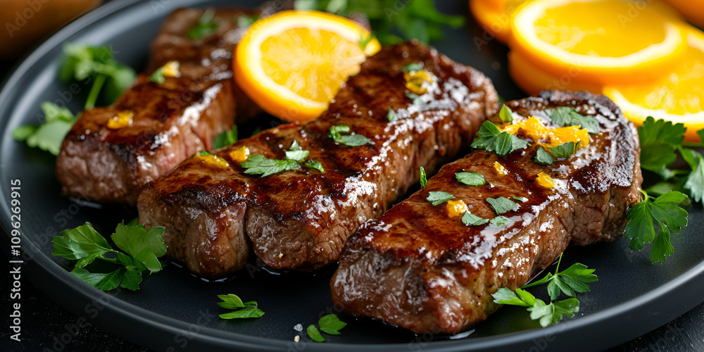 Grilled Steak with Orange Garnish on Black Plate Grilled Steak with Orange Garnish on Black Plate