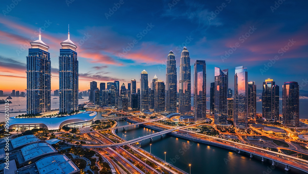 Obraz premium Stunning modern city skyline illuminated at dusk in twilight.