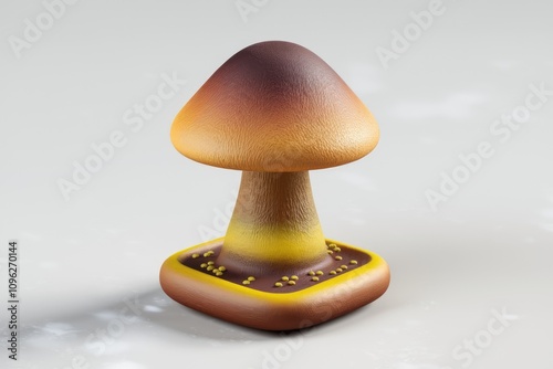 A 3D rendered image of a cartoonish mushroom with a gradient color scheme  sitting on a square base photo