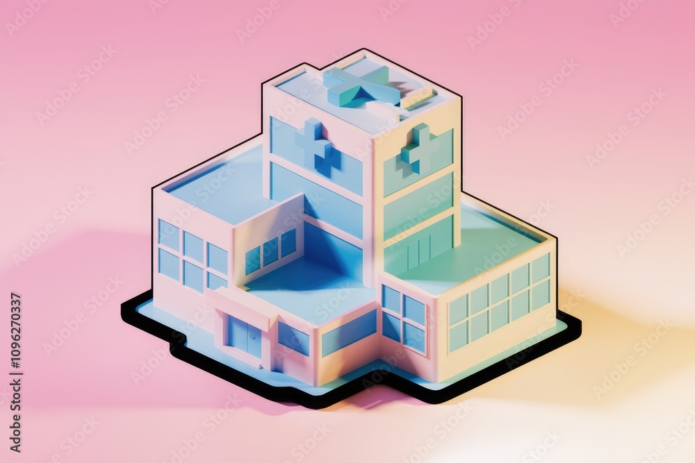 Fototapeta premium Isometric illustration of a pastel colored hospital building with medical crosses