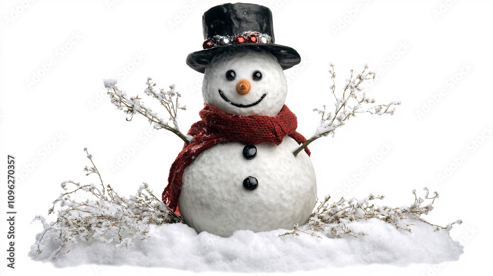 Fototapeta premium Christmas background. cute snowman and pine tree branch in snow. New Year and Christmas holidays. festive winter season. copy space. template for design 