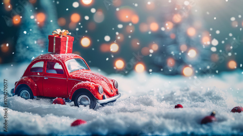 Christmas Red Car: A retro red car with a gift box in a red snow landscape and bokeh background, suitable for New Year�s greetings and deliveries. photo