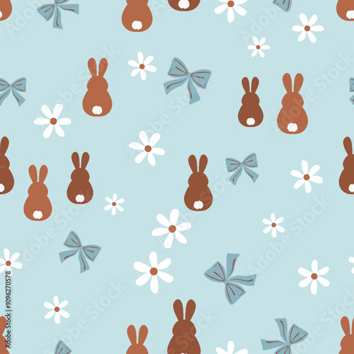 Seamless pattern with bunny rabbit cartoons, daisy flower and ribbon bow on blue background vector. Cute childish print.