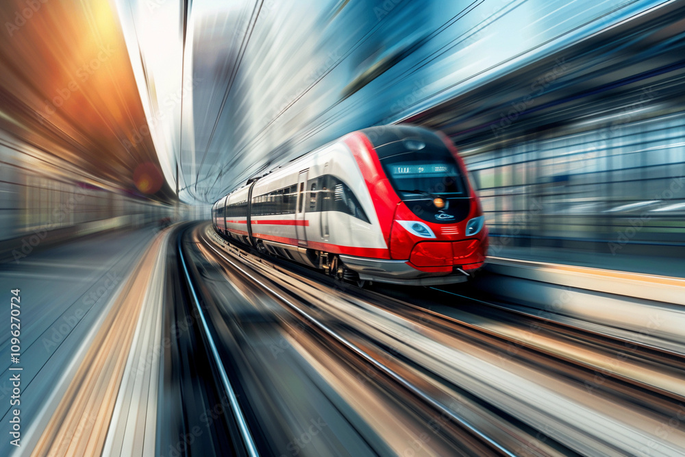 Modern high-speed train in fast motion passes through railway stations Modern high-speed train in fast motion passes through railway stations