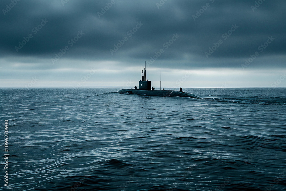Beautiful large submarine floating in middle of ocean during mission Beautiful large submarine floating in middle of ocean during mission