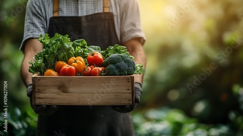A farmer holding a wooden box full of fresh vegetables