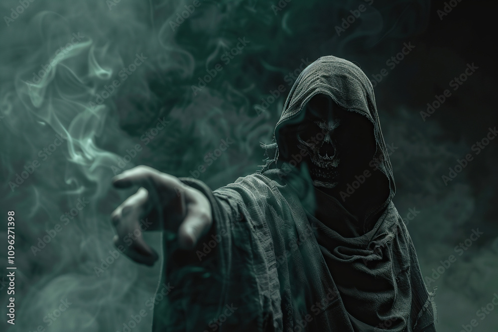 Scary grim reaper with scythe in hell on dark background with dramatic background Scary grim reaper with scythe in hell on dark background with dramatic background