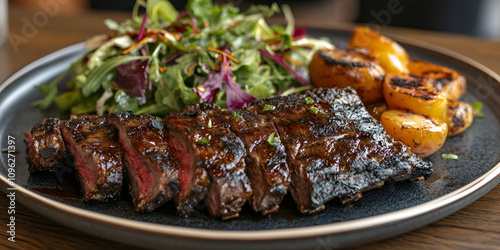 Gourmet Steak with Roasted Potatoes and Fresh Salad photo