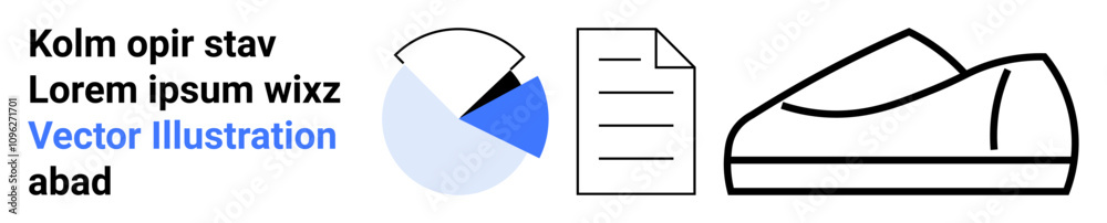 Pie chart, document, and sneaker graphics in blue, grey, black shades. Ideal for data analysis, office tasks, sportswear marketing, business reports, statistics, digital solutions, landing pages Pie chart, document, and sneaker graphics in blue, grey, black shades. Ideal for data analysis, office tasks, sportswear marketing, business reports, statistics, digital solutions, landing pages