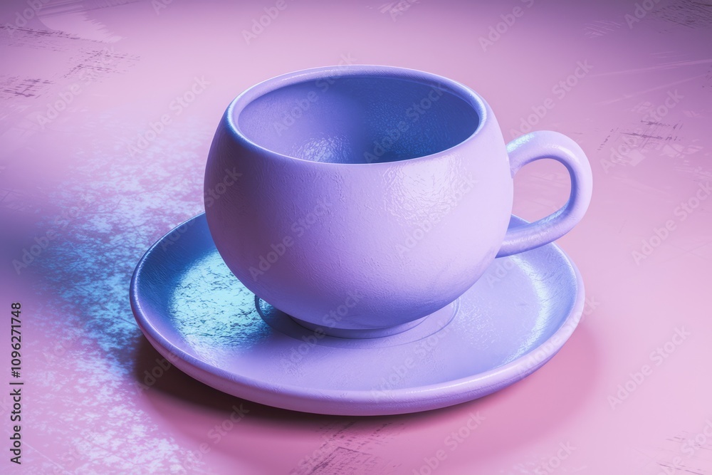 A 3D rendered image of a lavender teacup and saucer on a pink surface A 3D rendered image of a lavender teacup and saucer on a pink surface