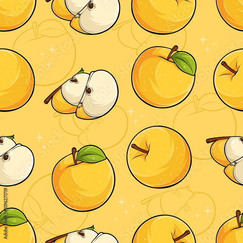 Hand drawn seamless pattern of tasty organic full and cut out sliced yellow apples, rich of vitamins