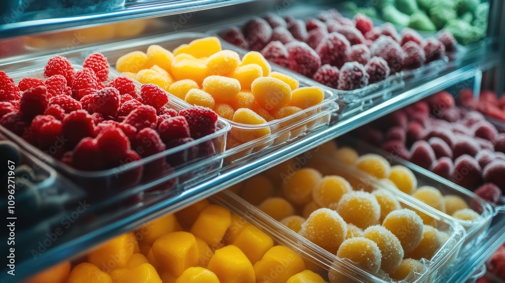 Vibrant assortment of mixed frozen fruits in clear containers neatly organized in a freezer with colorful raspberries, mangoes, and other fruits. Vibrant assortment of mixed frozen fruits in clear containers neatly organized in a freezer with colorful raspberries, mangoes, and other fruits.
