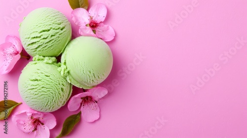 Three green ice cream scoops with pink flowers.