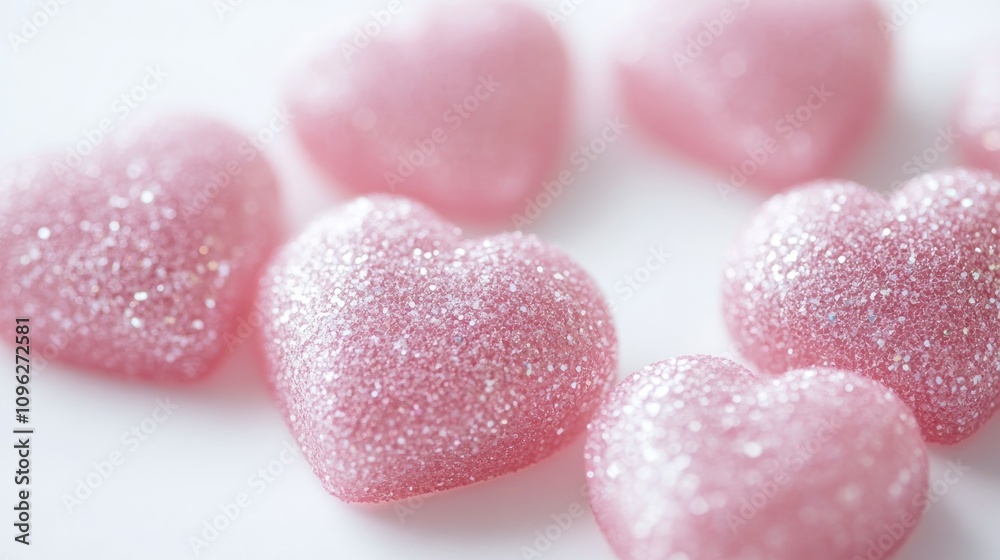 Sparkling pink hearts scattered on a bright white background, ideal for Valentineâ€™s Day themes and romantic decorations.