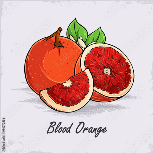 Hand drawn set of fresh juicy full and cut out sliced blood orange, rich of vitamins good for health