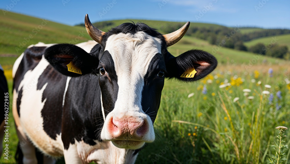 Black and white cow standing in a verdant grassy field. Black and white cow standing in a verdant grassy field.