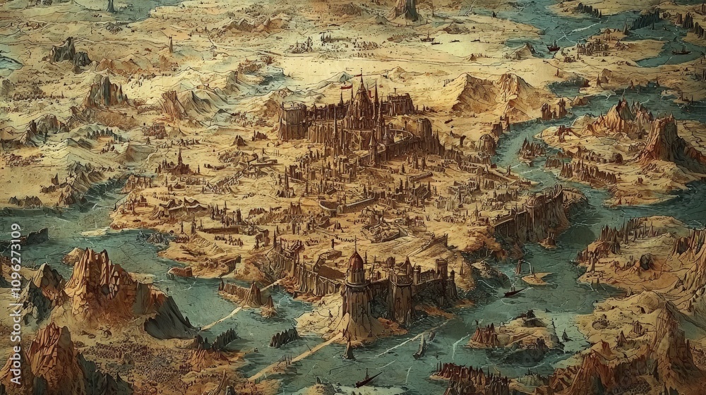 A flourishing medieval city rests in the center of a vast desert landscape, showcasing a unique blend of urban architecture and arid natural surroundings. A flourishing medieval city rests in the center of a vast desert landscape, showcasing a unique blend of urban architecture and arid natural surroundings.
