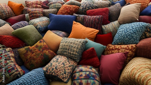 Colorful Throw Pillow Pile: A Cozy Autumn Home Decor Scene. AI Generated photo