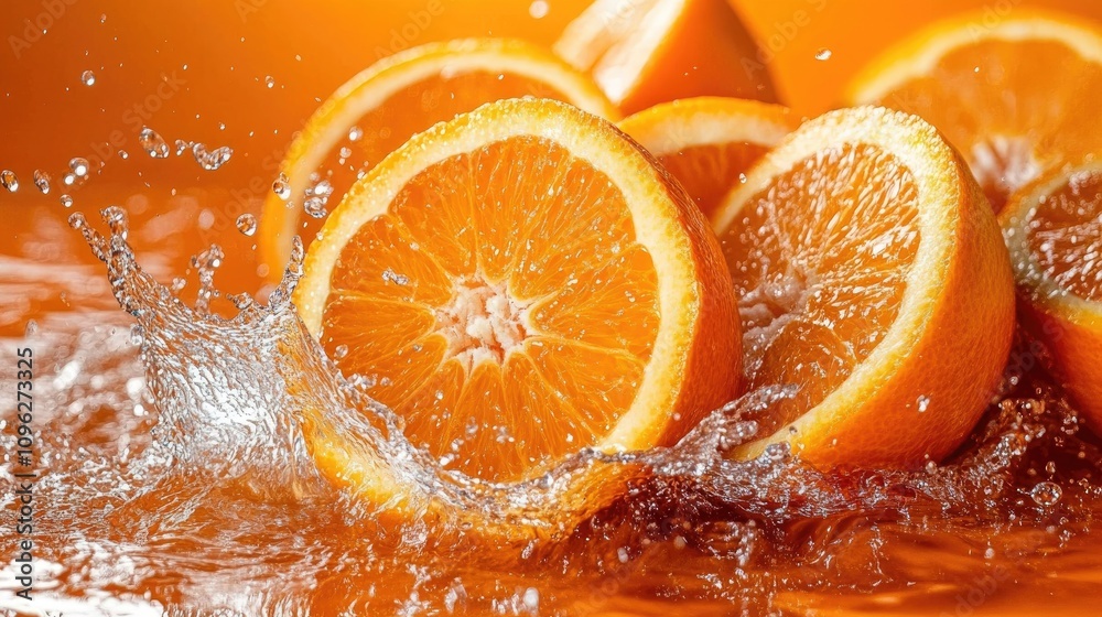 Freshly sliced oranges splashing in water with a vivid orange background, showcasing juicy segments and dynamic water droplets.