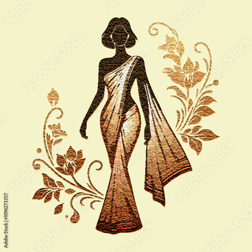 Elegant Modern Saree Silhouette Logo Design in Golden Gradient for Fashion Branding