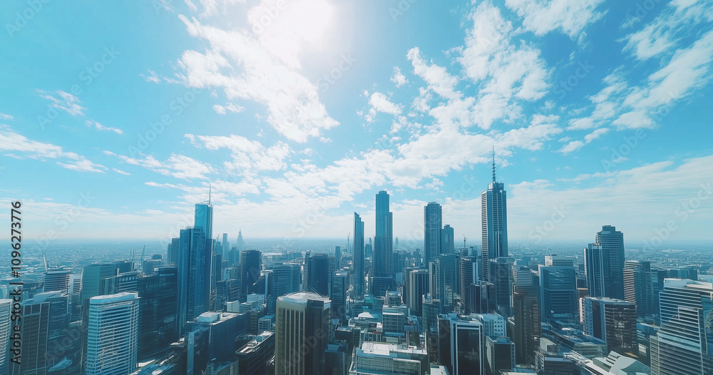 Fototapeta premium Modern Skyline with High-Rise Office Buildings under Blue Sky