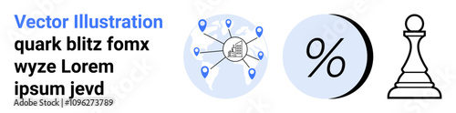 Percentage symbol, global network map with pins, chess pawn. Ideal for business strategy, marketing, finance, global reach, analytics, planning, growth Landing page