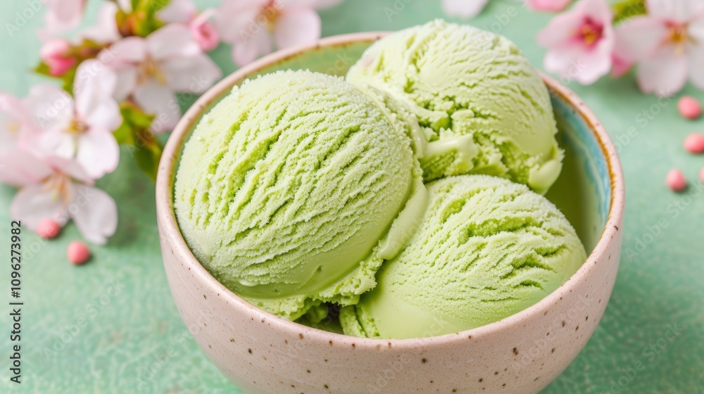 Three scoops of green ice cream in a bowl.