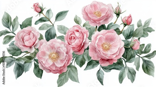 Watercolor painting of a delicate pink rose bouquet with lush green leaves and buds, isolated on white background.