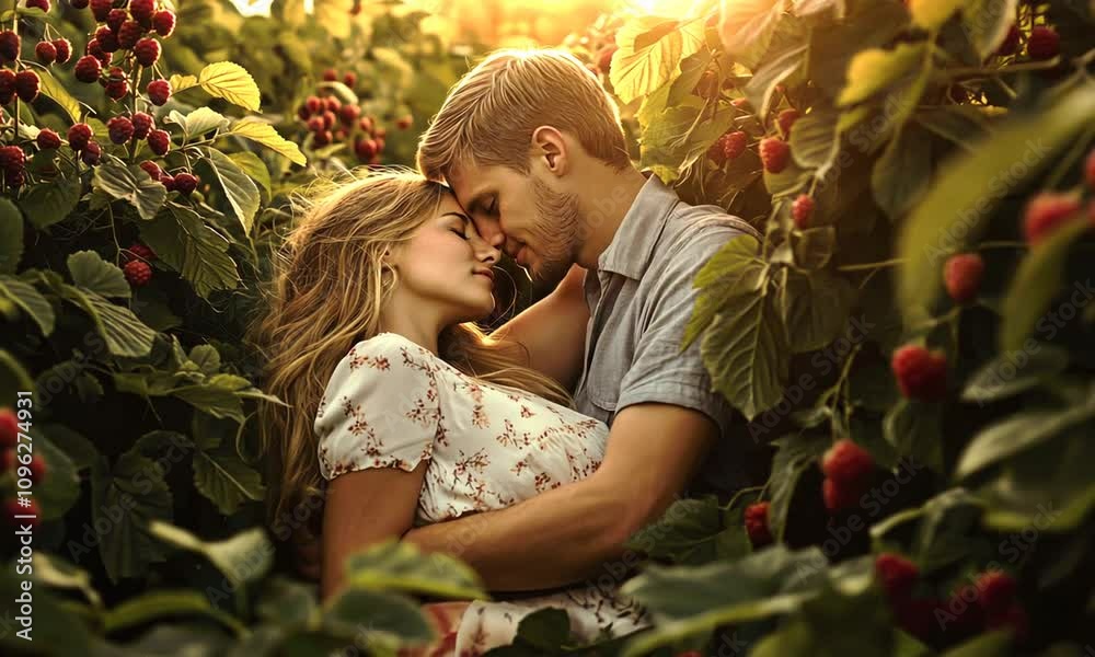 Young beautiful sensual romantic couple in love kissing in raspberry bushes