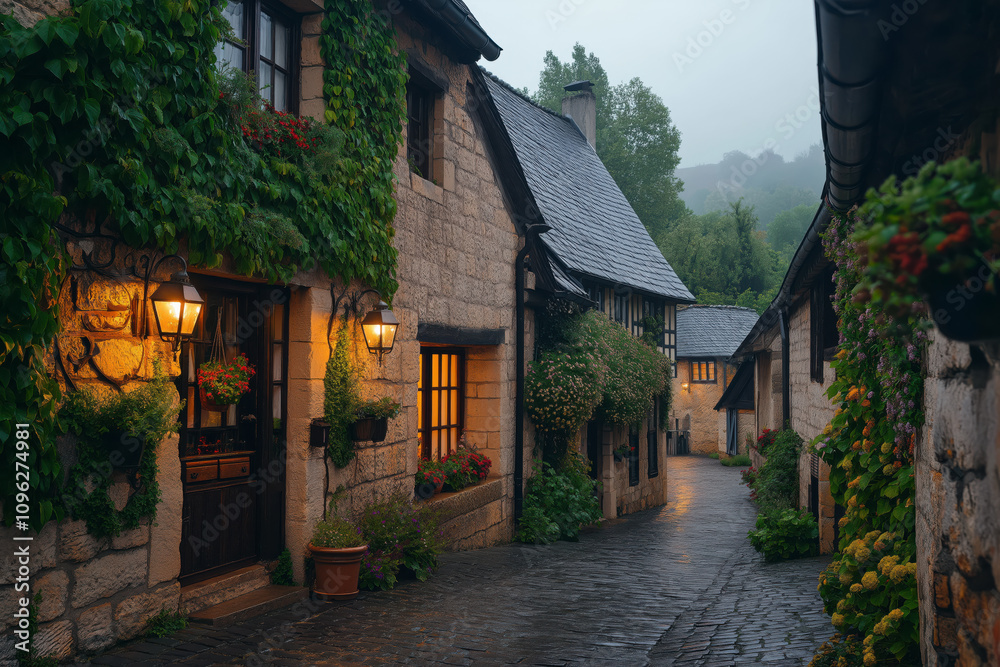 Obraz premium Charming Cobblestone Street in Quaint Village with Ivy-Covered Stone Houses at Twilight.