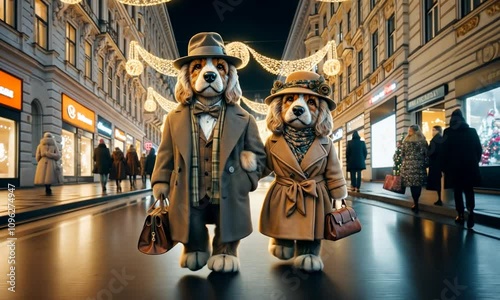 Elegant Dog couple charachters man and woman walking along the Christmas decorated street photo