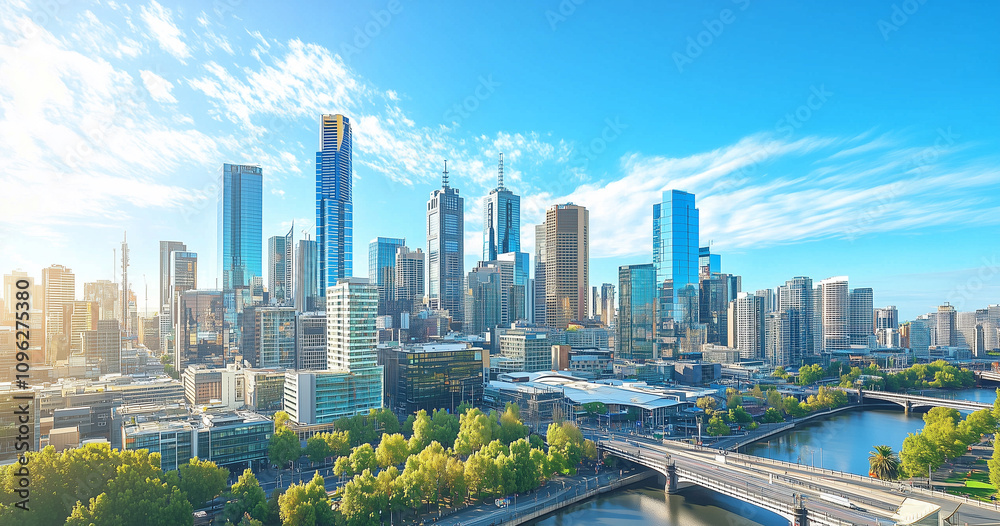 Naklejka premium Modern Skyline with High-Rise Office Buildings under Blue Sky
