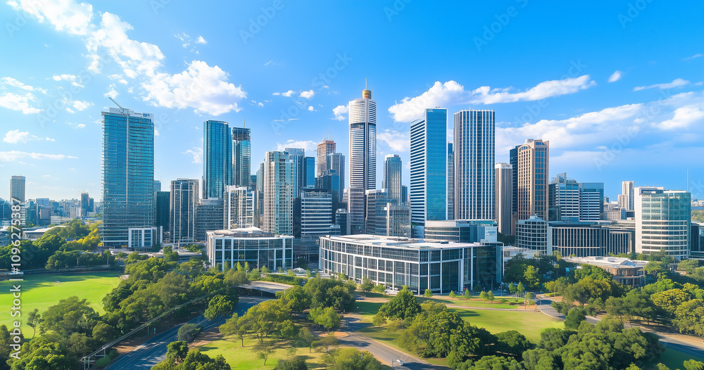 Obraz premium Modern Skyline with High-Rise Office Buildings under Blue Sky