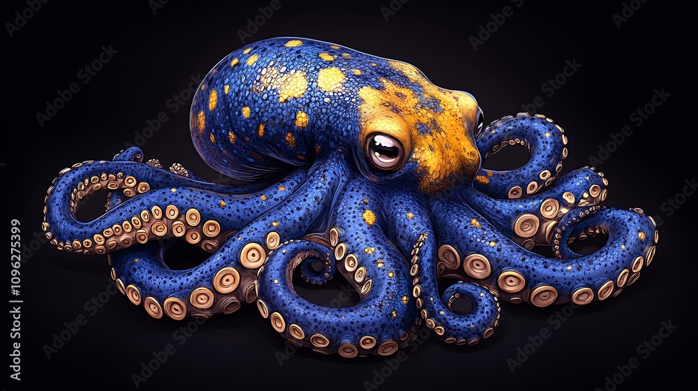 Blue and yellow octopus with eight arms and large eyes on a black background. Blue and yellow octopus with eight arms and large eyes on a black background.