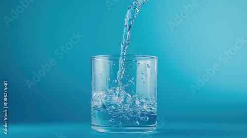 Fresh water cascades from a bottle into a clear glass beaker, creating bubbles against a smooth blue background, capturing a moment of purity and refreshment.