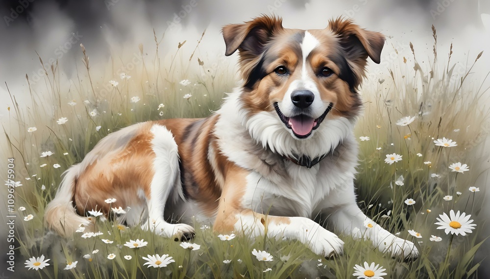 Watercolor painting of a brown and white dog sitting in a grassy field with daisies Watercolor painting of a brown and white dog sitting in a grassy field with daisies