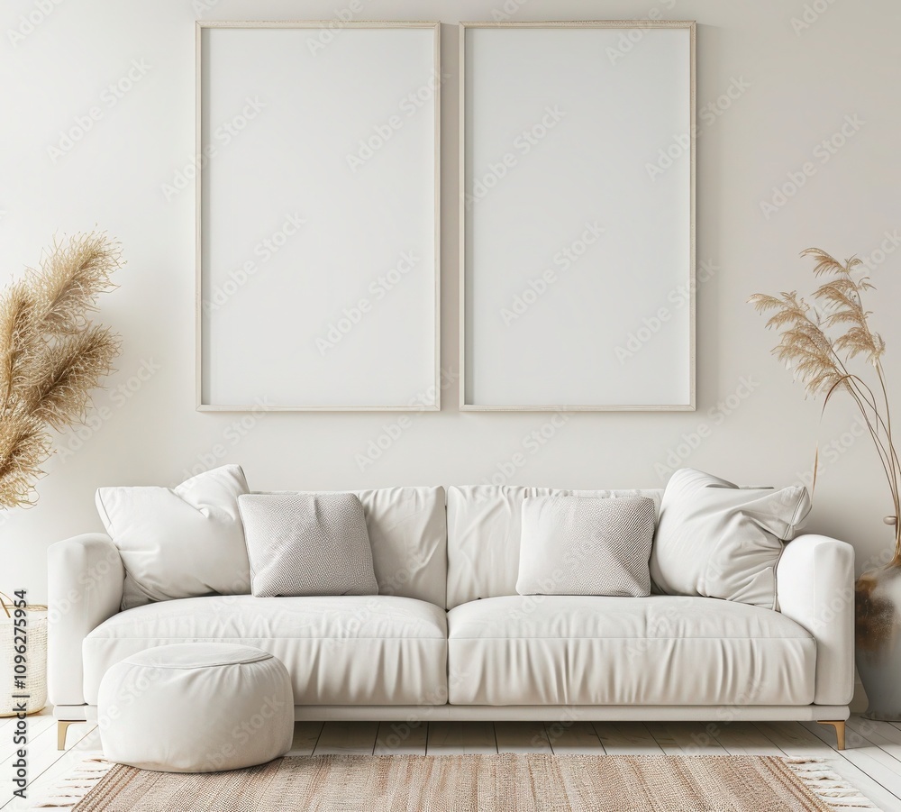 A minimalist living room interior with a white sofa. two empty picture frames. a coffee table. and pampas grass A minimalist living room interior with a white sofa. two empty picture frames. a coffee table. and pampas grass